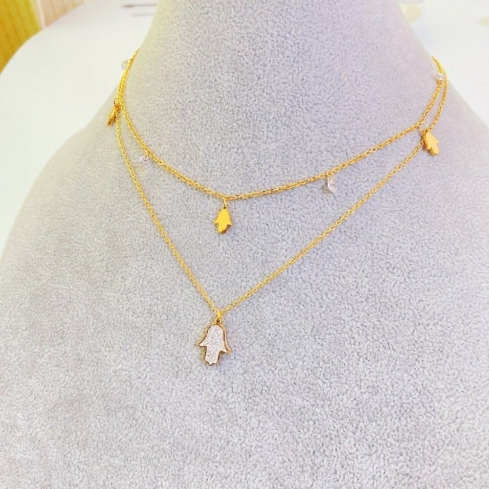 Hamsa Hand charm double strand necklace